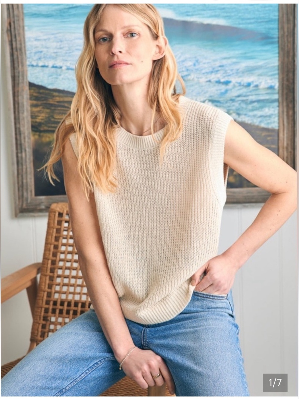 Faherty Cream Knit Sleeveless Linen Shell